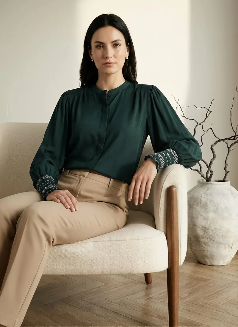 جلو باص Globus Women Green Mandarin Collar Elasticated Emboridered Sleeve Relaxed Fit Straight Hem Shirt